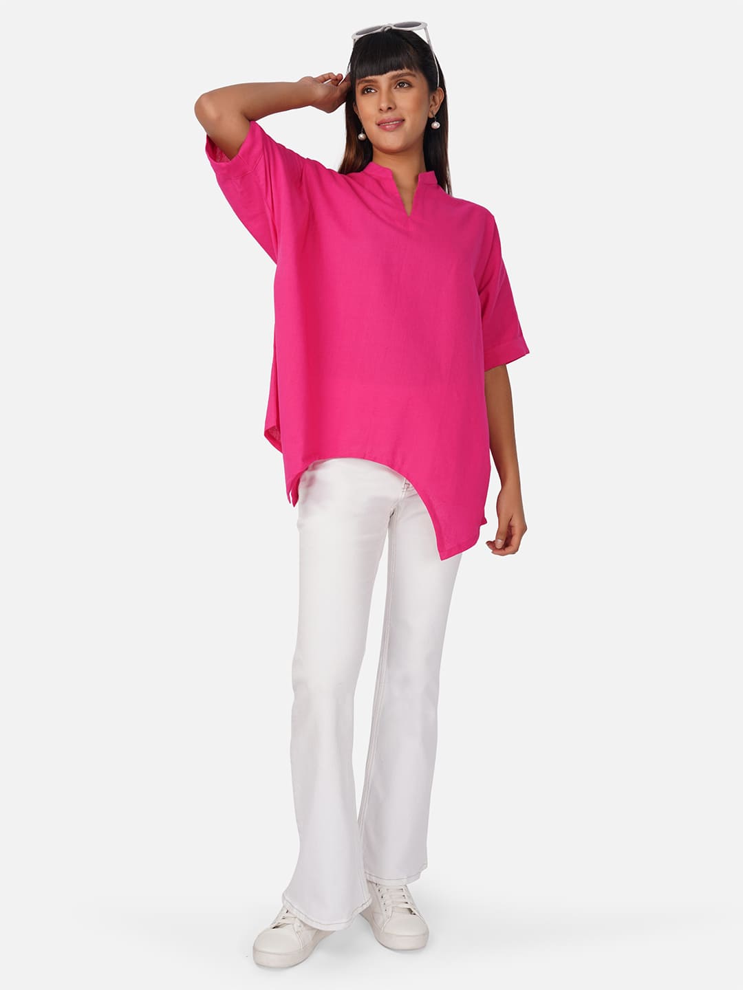 Hot Pink V-Neck Cotton Slub Kaftan Top