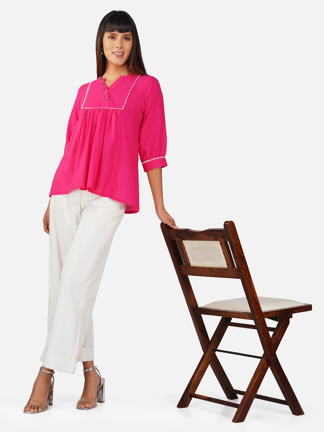 Hot Pink V-Neck Cotton Slub Top