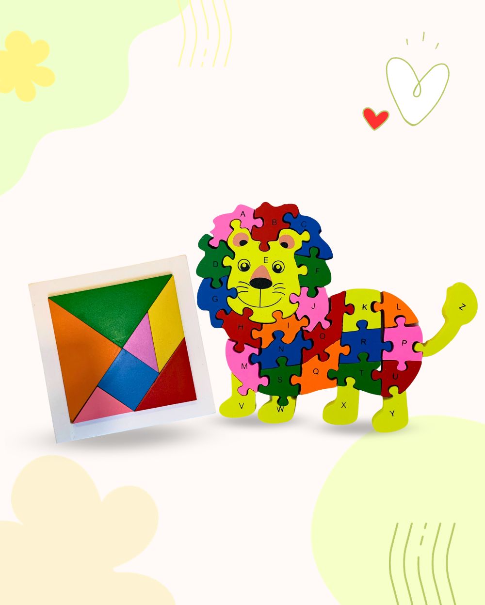 Wooden Tangram and Lion Alphanumeric Puzzle