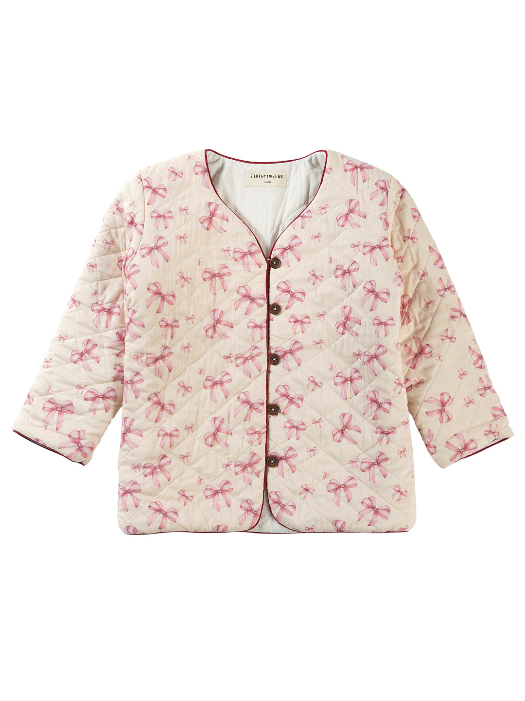 Natural Cotton Quilted Jacket - Pink Bow Print