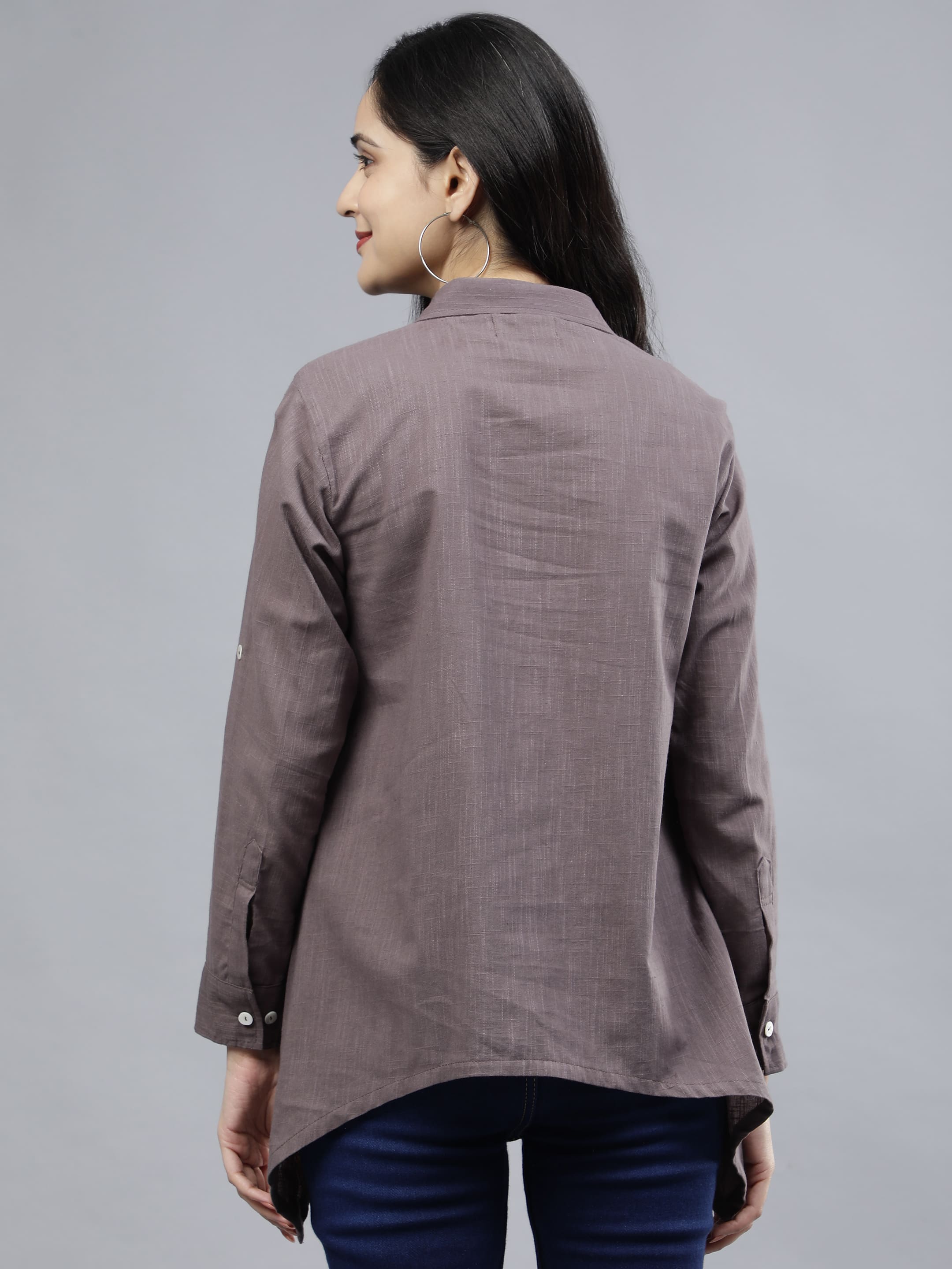 Stylized Placket Collar Top Grey