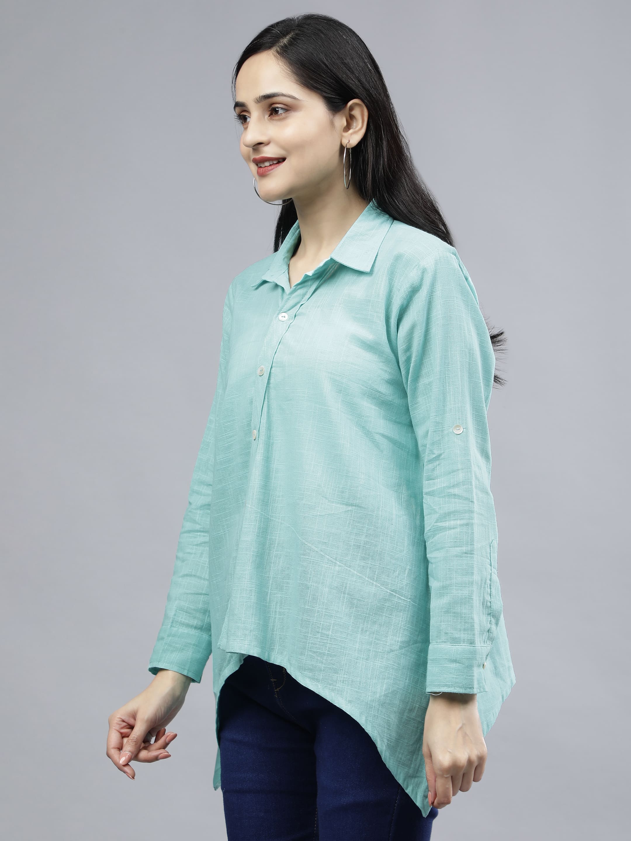 Stylized Placket Collar Top Blue