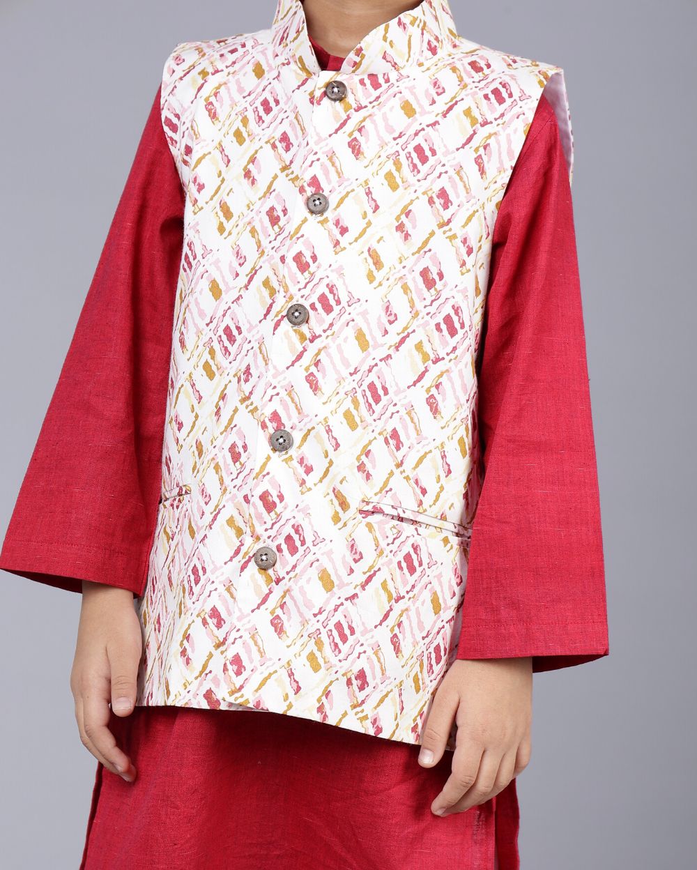 Printed Jacket, Maroon Kurta with White Pyjama (3 Pcs Set)