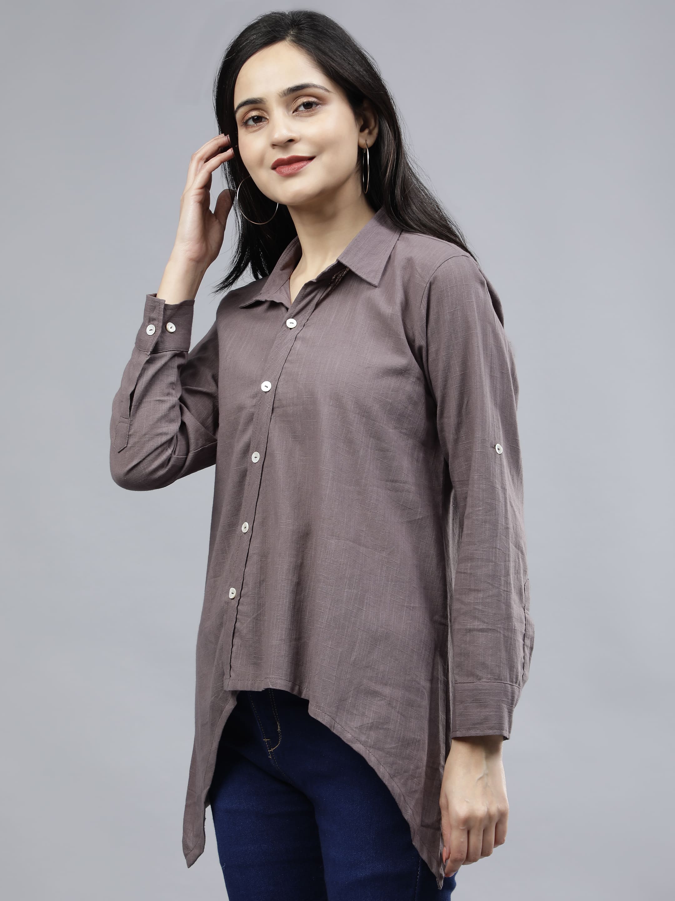 Stylized Placket Collar Top Grey