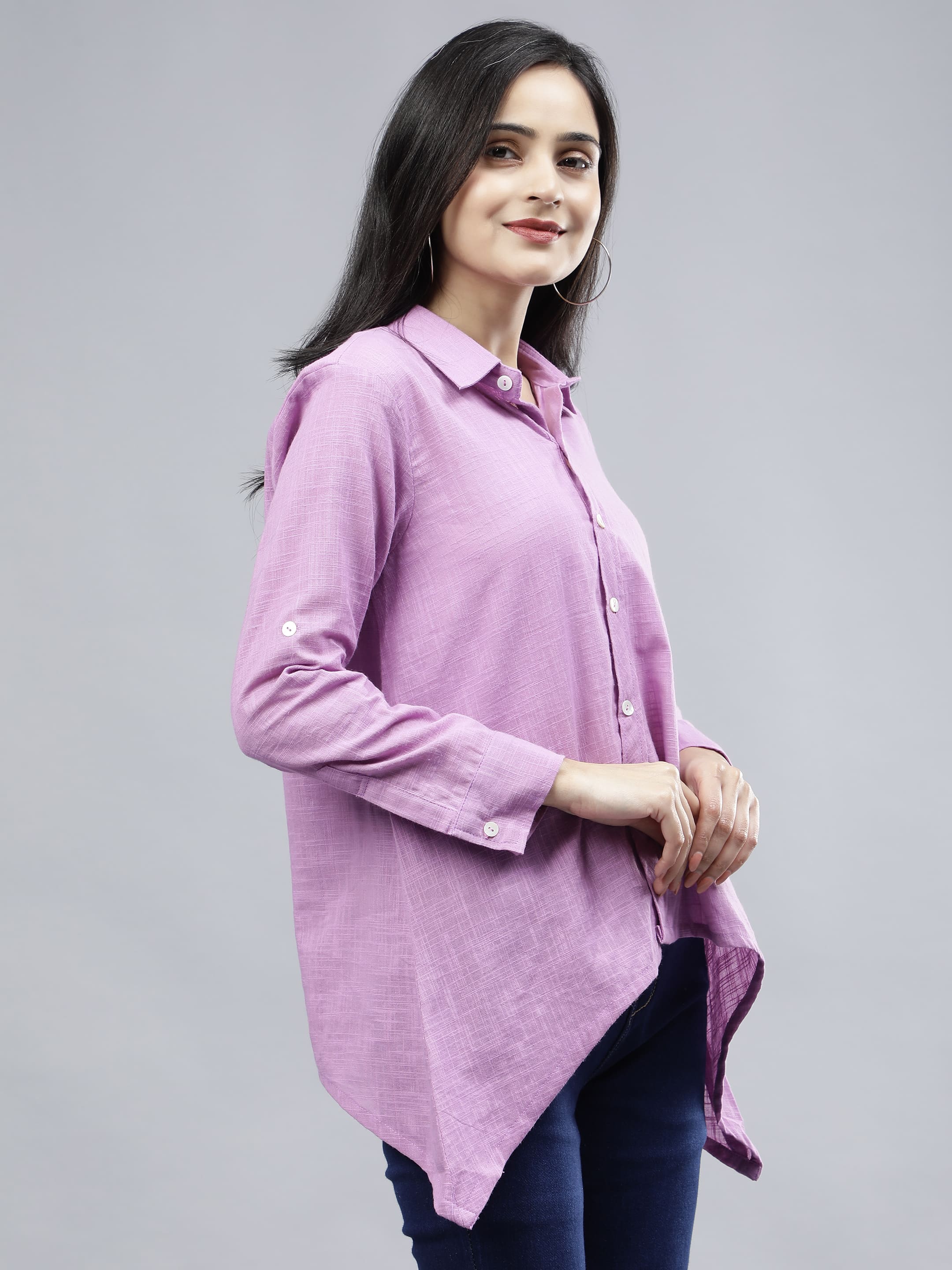 Stylized Placket Collar Top Purple