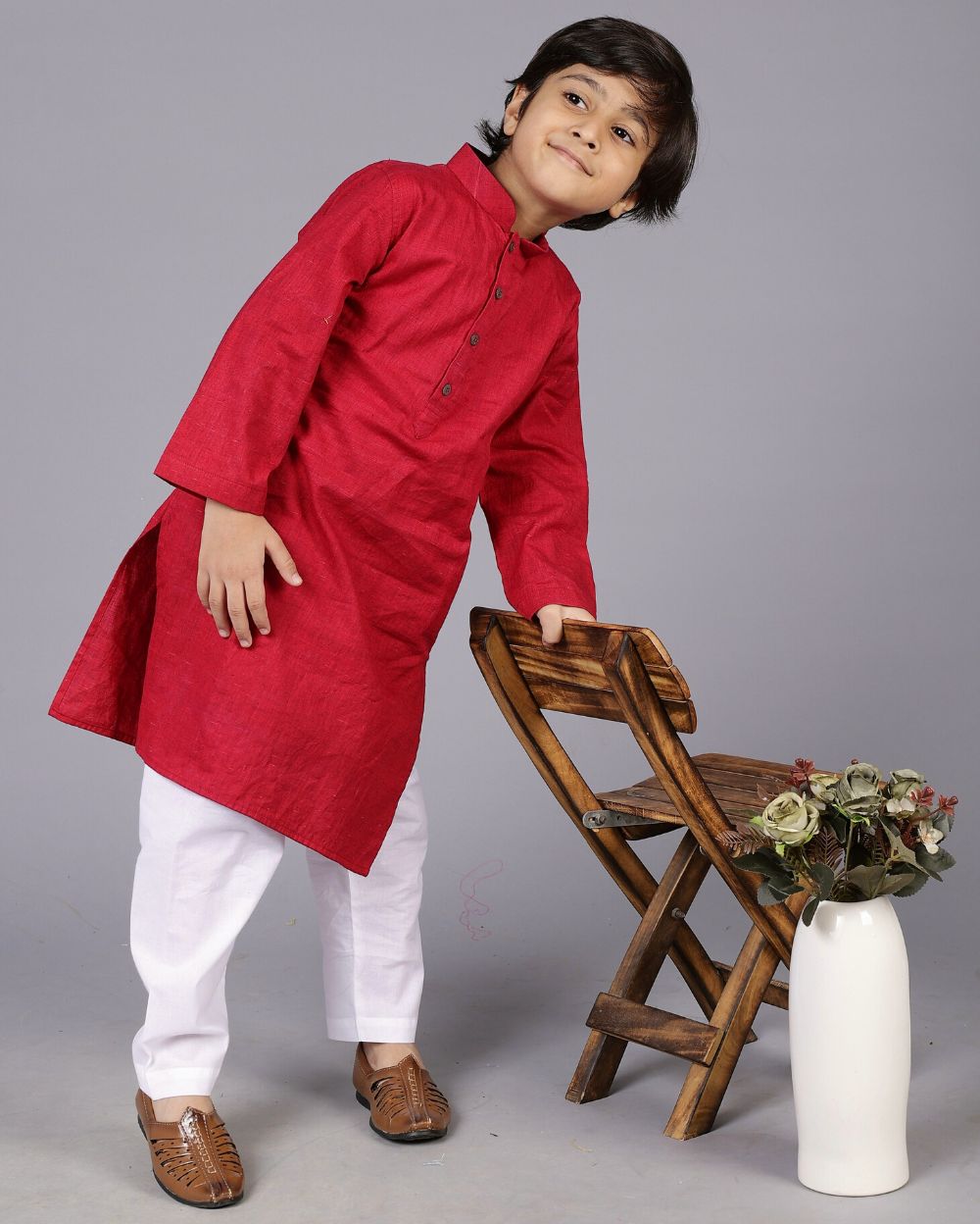 Printed Jacket, Maroon Kurta with White Pyjama (3 Pcs Set)