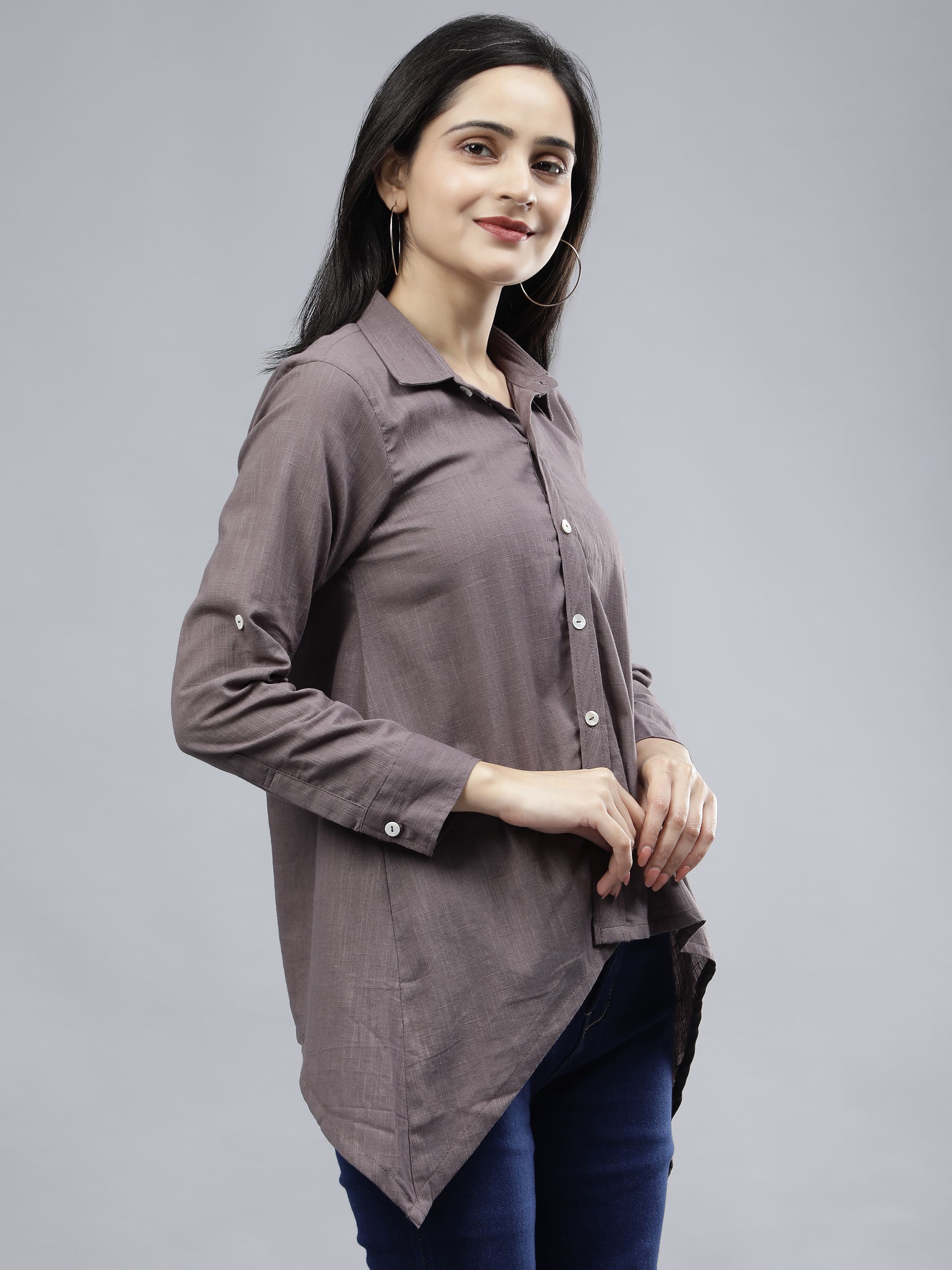 Stylized Placket Collar Top Grey