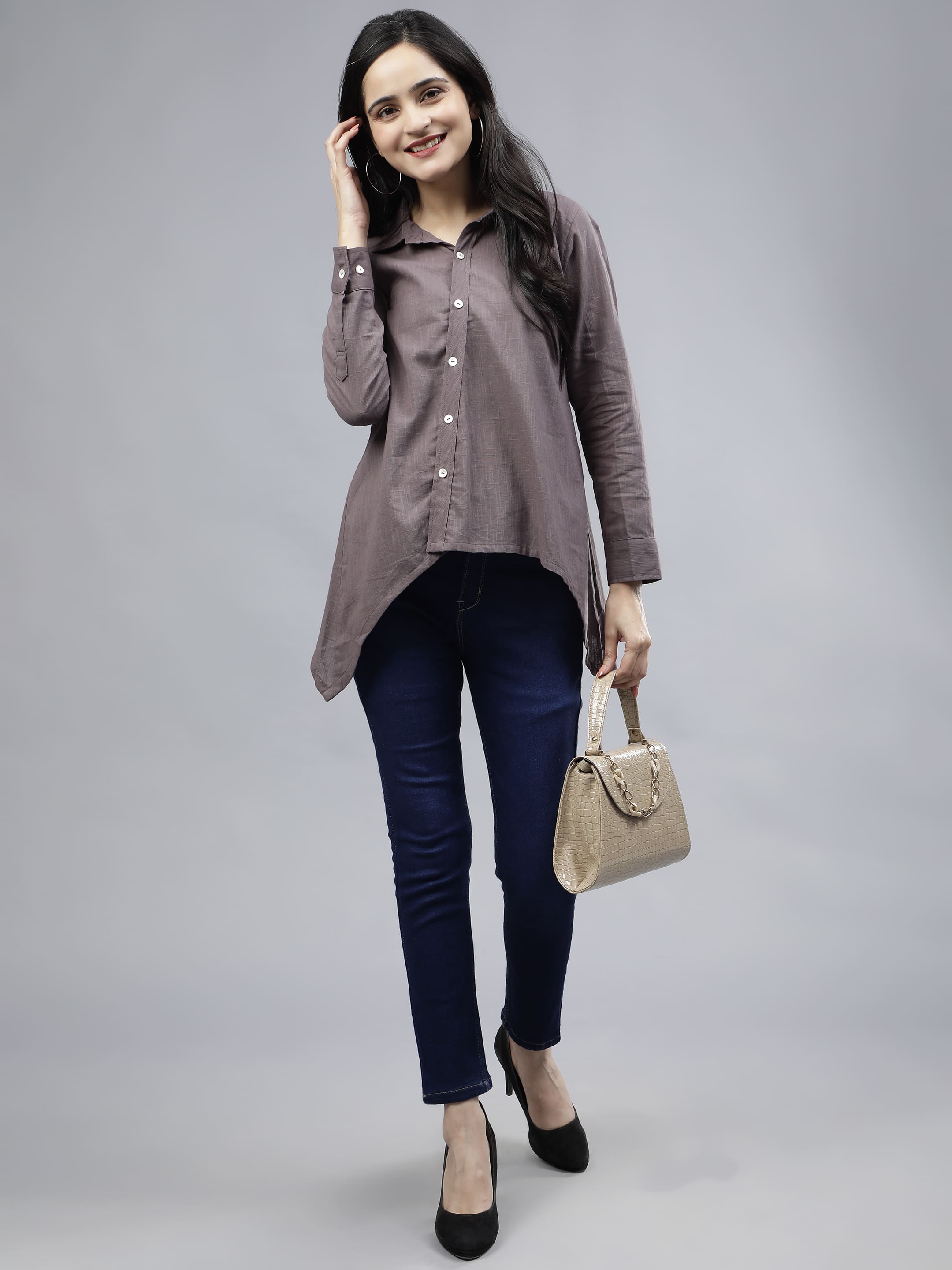 Stylized Placket Collar Top Grey
