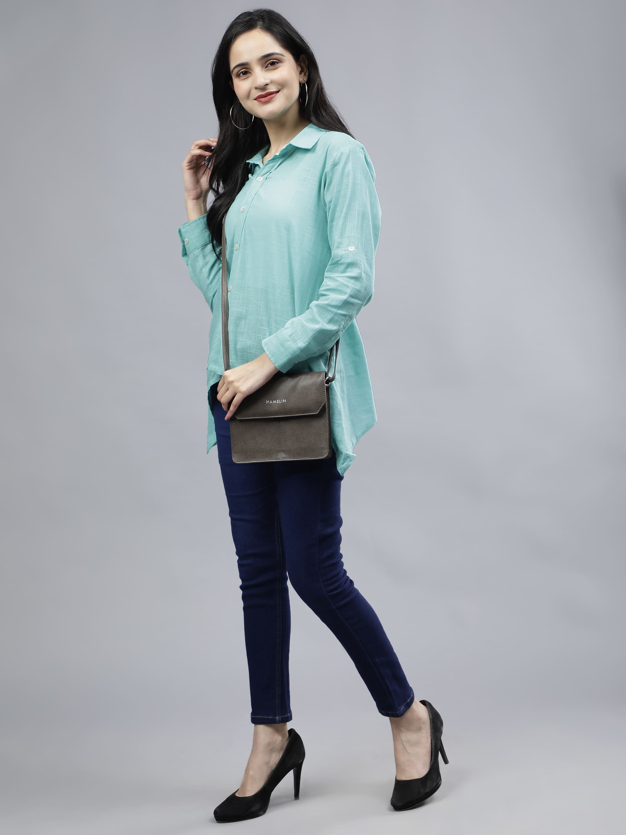 Stylized Placket Collar Top Blue