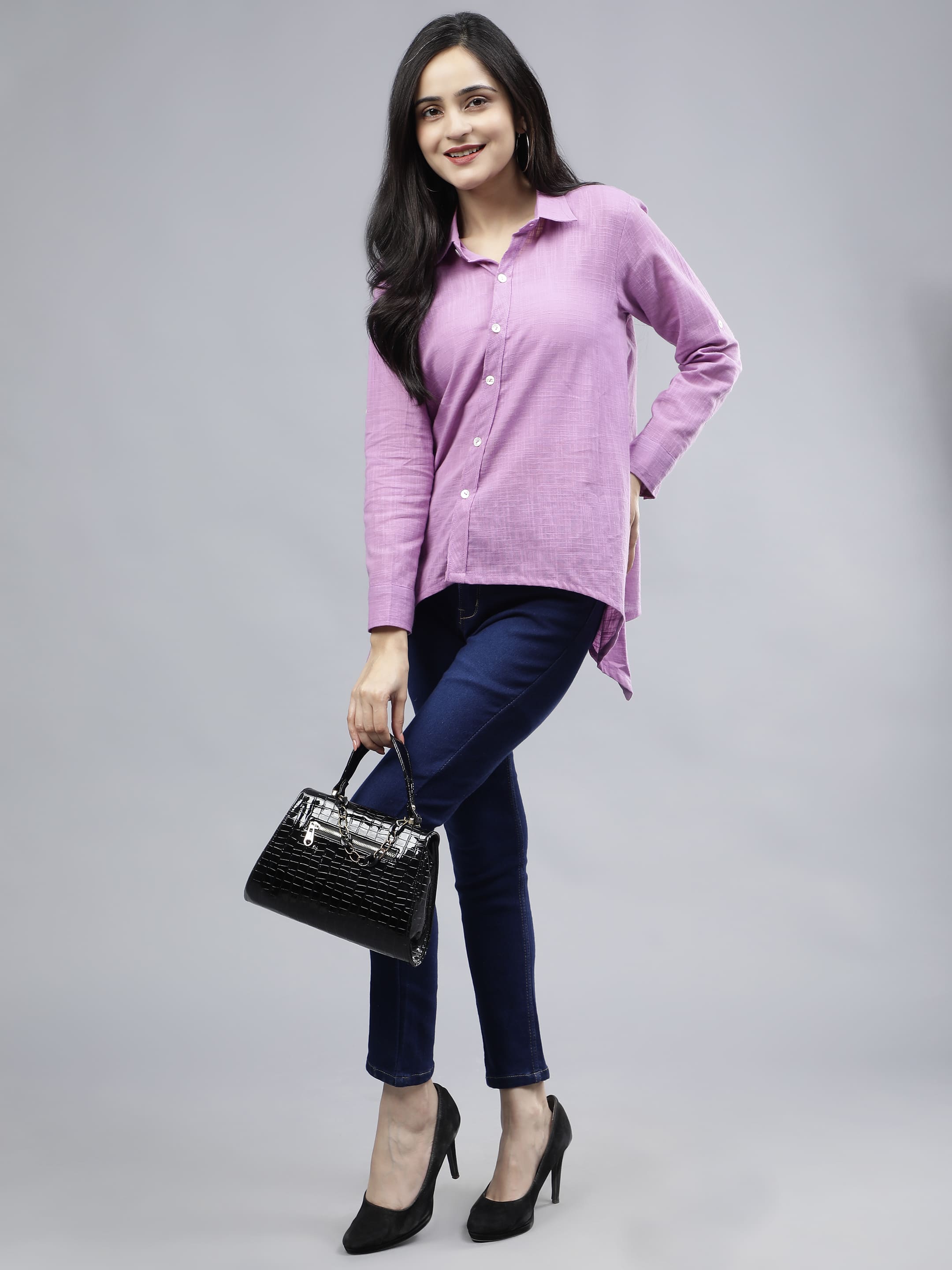 Stylized Placket Collar Top Purple