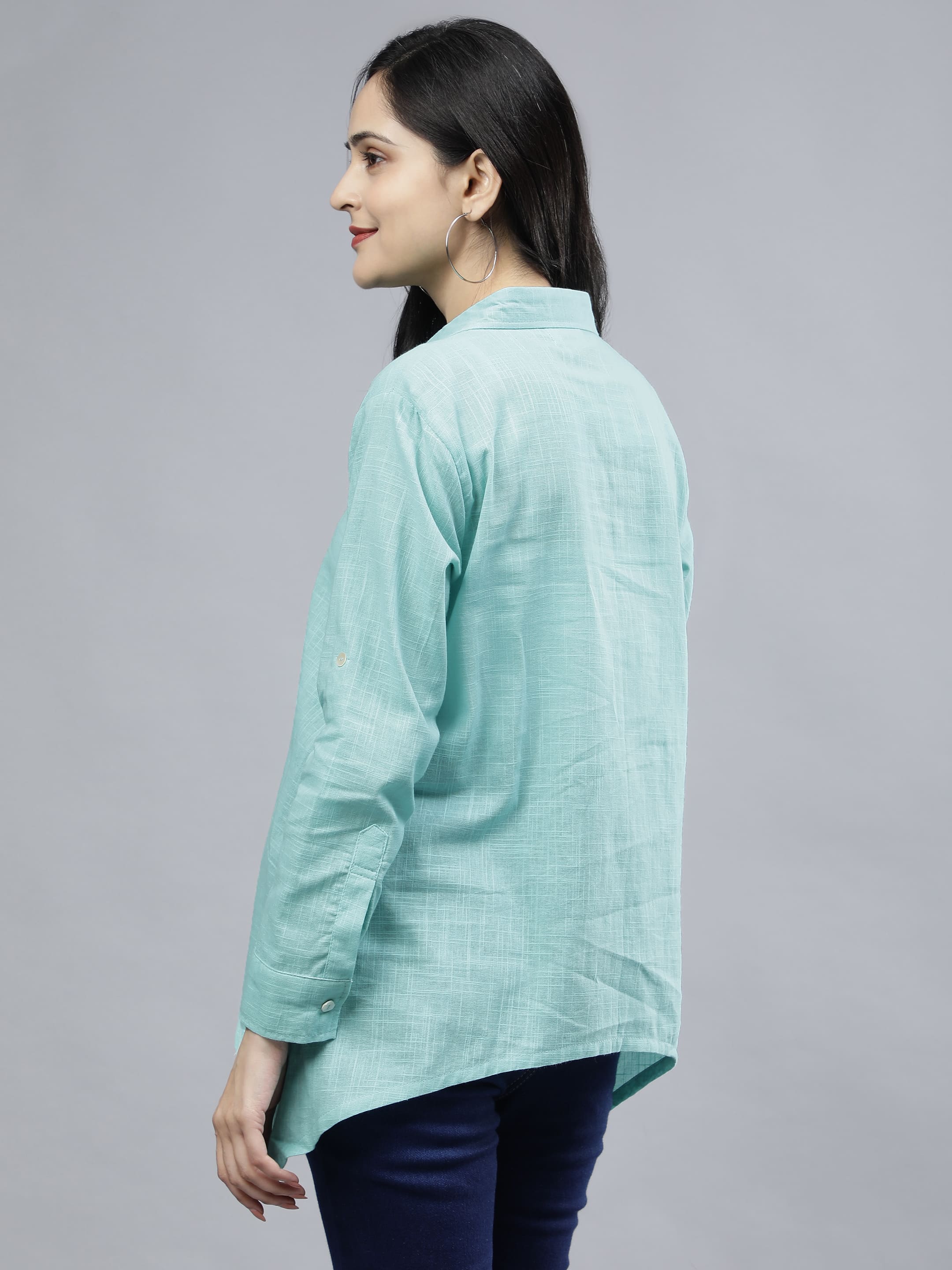 Stylized Placket Collar Top Blue
