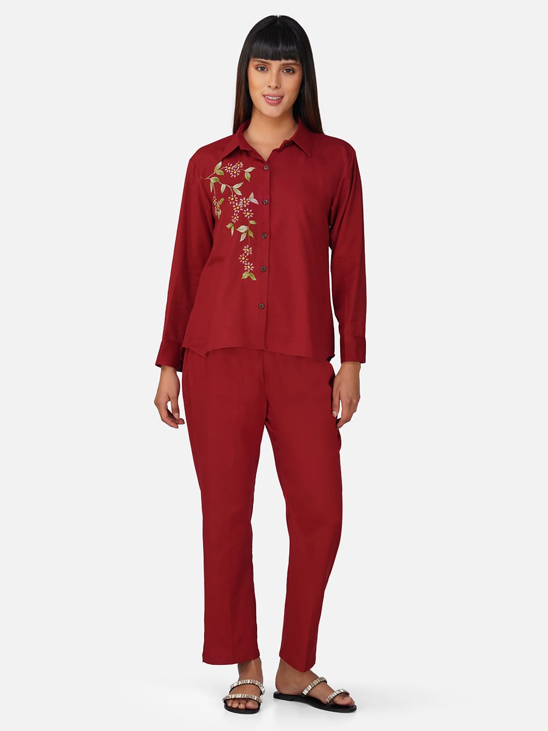 Solid Maroon Hand-Embroidered Cotton Flex Co-ord Set