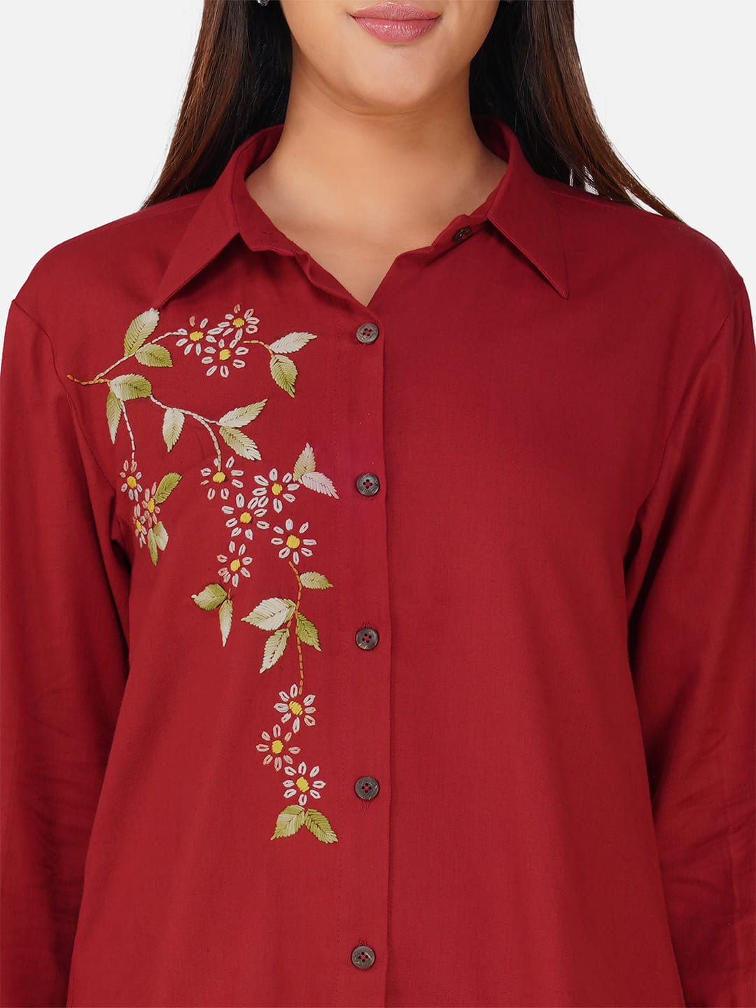 Solid Maroon Hand-Embroidered Cotton Flex Co-ord Set