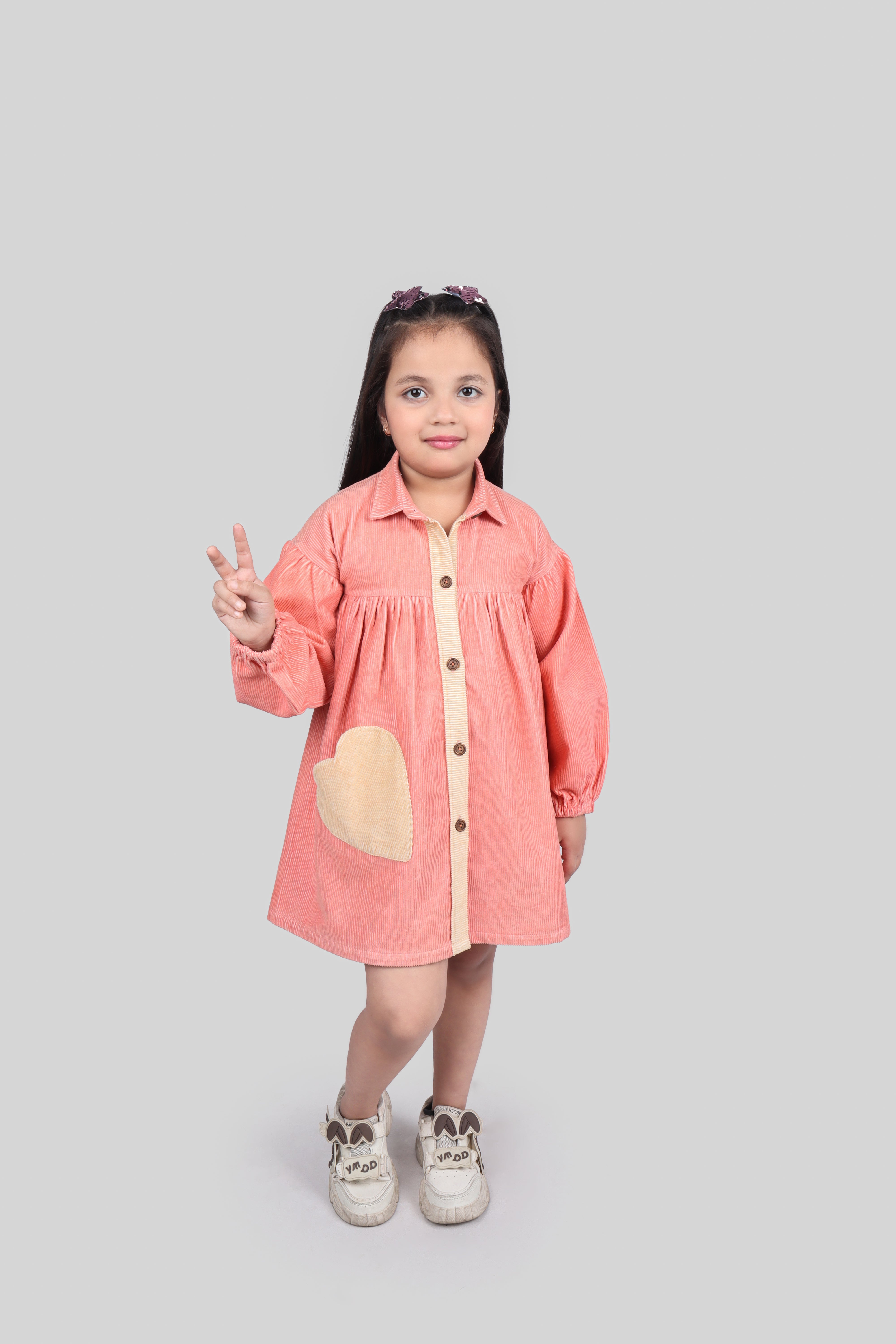 Natural Cotton Corduroy Autumn Dress - Coral Pink