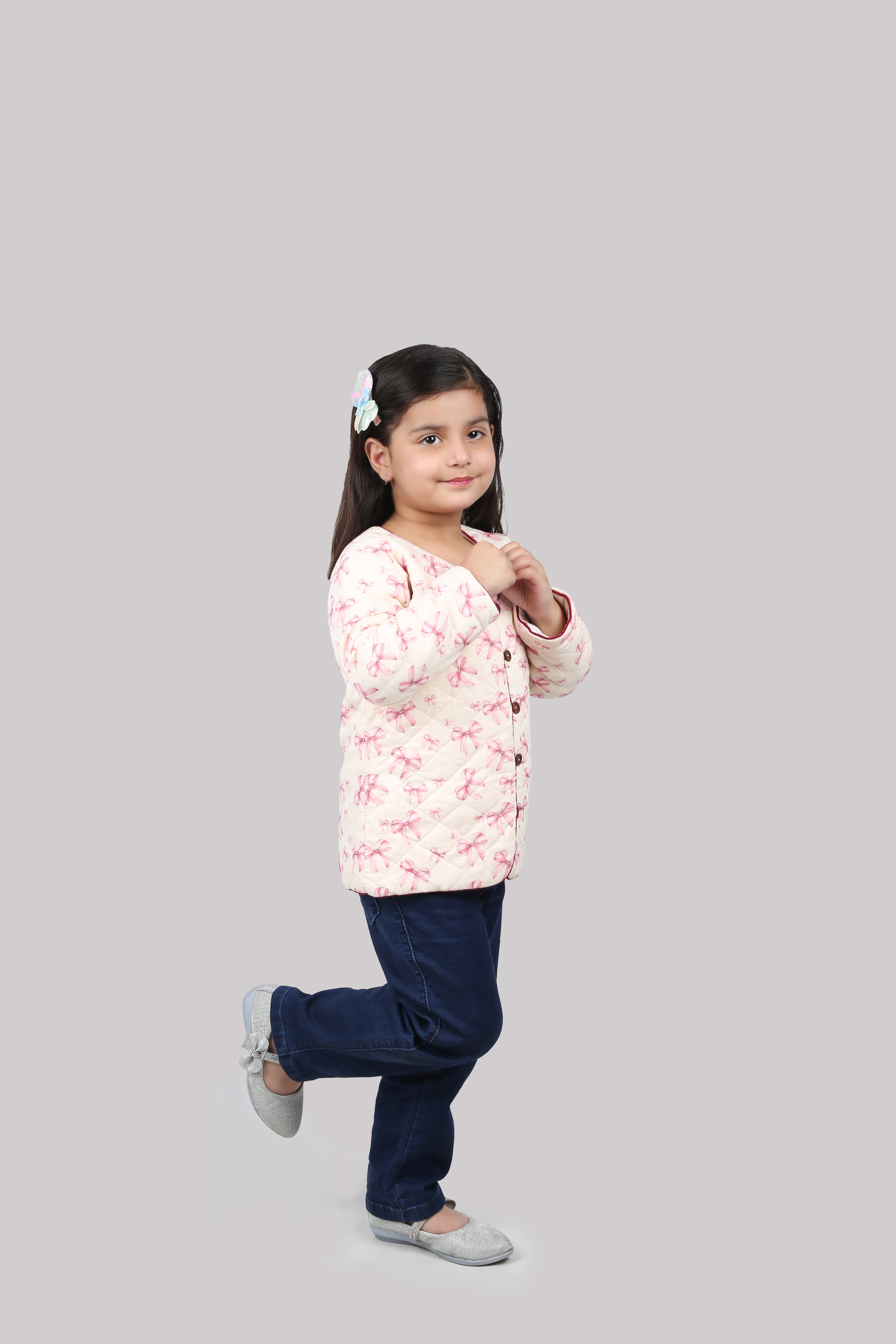 Natural Cotton Quilted Jacket - Pink Bow Print