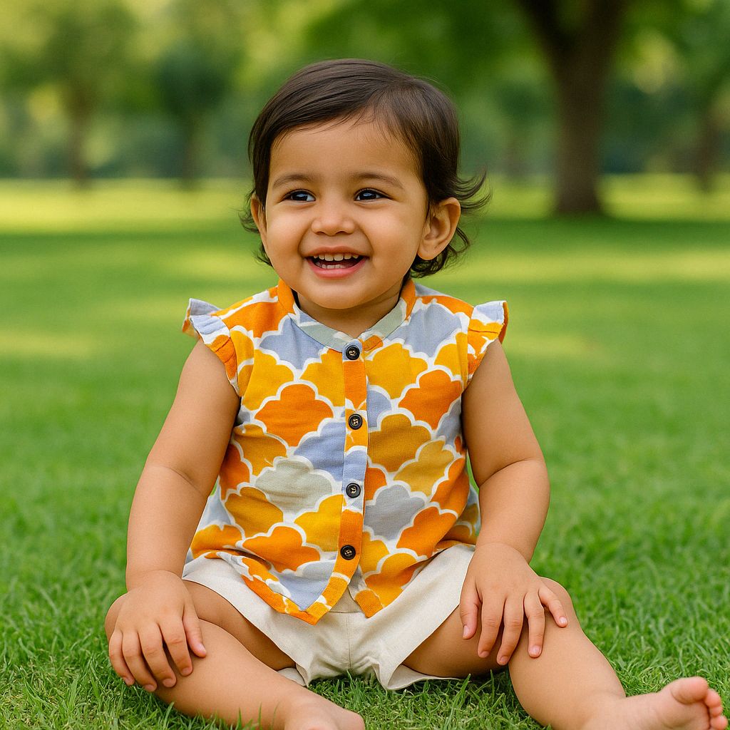 Abstract printed top & white shorts Baby Set