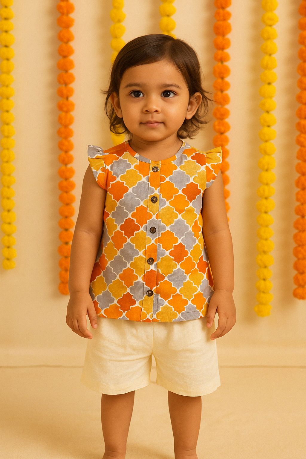 Abstract printed top & white shorts Baby Set