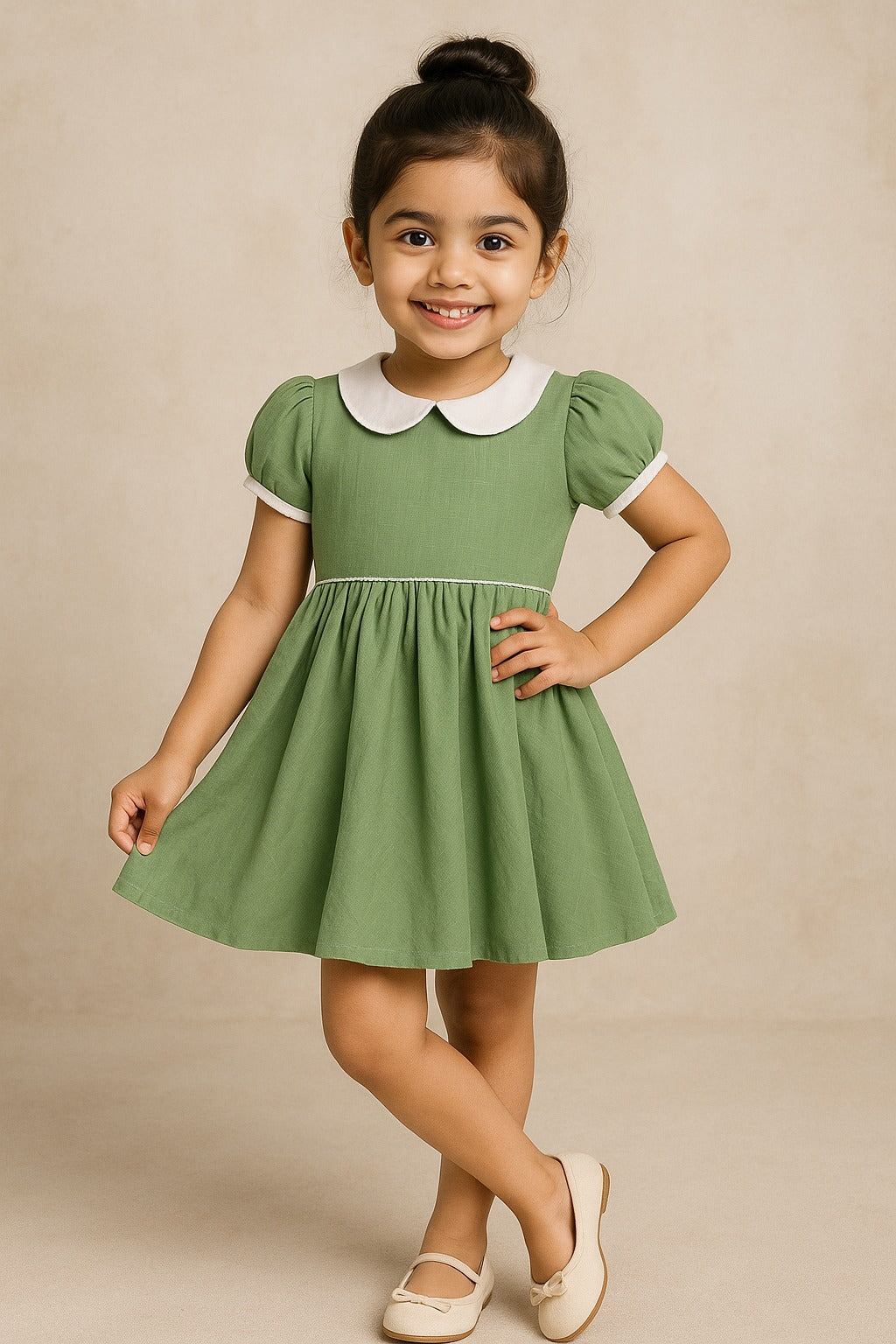 Pure Cotton Slub Pishta Green Dress