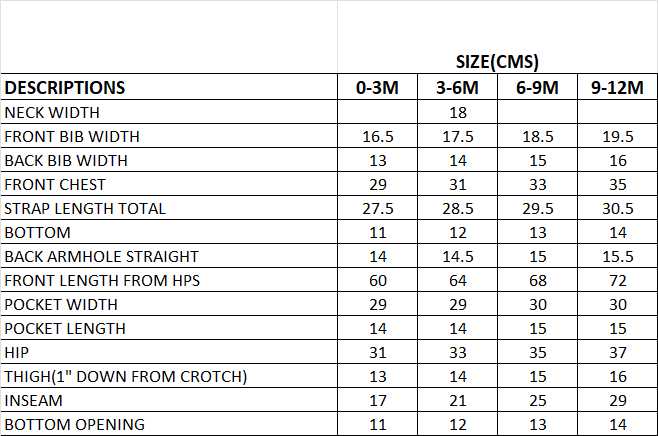 Playtime Cotton Dungarees Size Chart