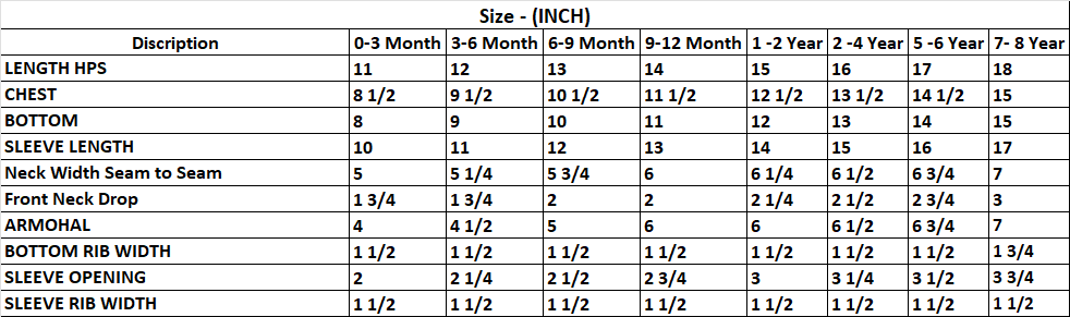 Printed Sweatshirt Size Chart