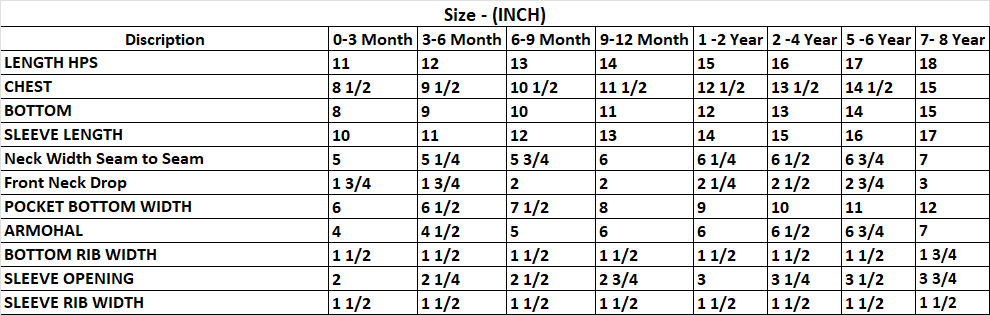 Raglan Sweatshirt Size Chart