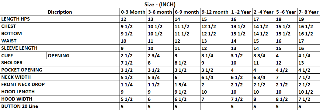 Organic Cozy Handloom Jacket Size chart