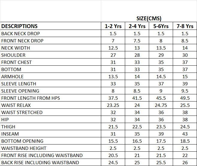Green Bee Kids Nightwear Size Chart