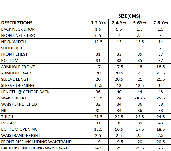 Abstract Kids Nightwear Size Chart