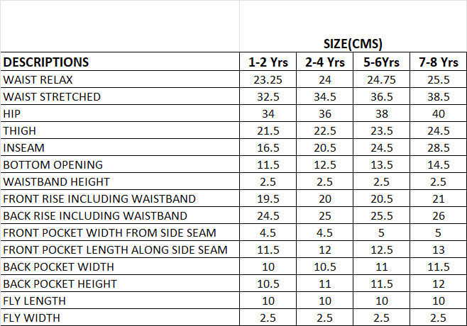 Marshmallo Summer Shorts Size Chart