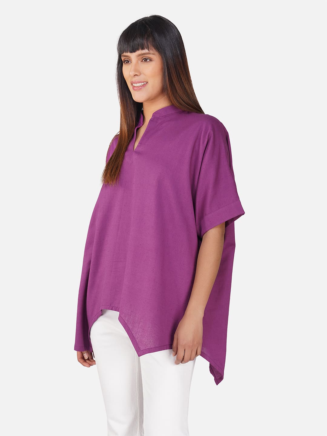 Purple V-Neck Cotton Slub Kaftan Top