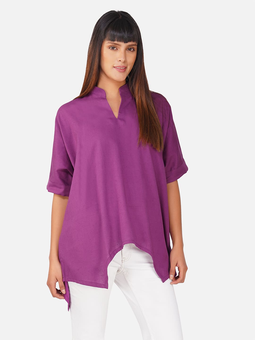 Purple V-Neck Cotton Slub Kaftan Top