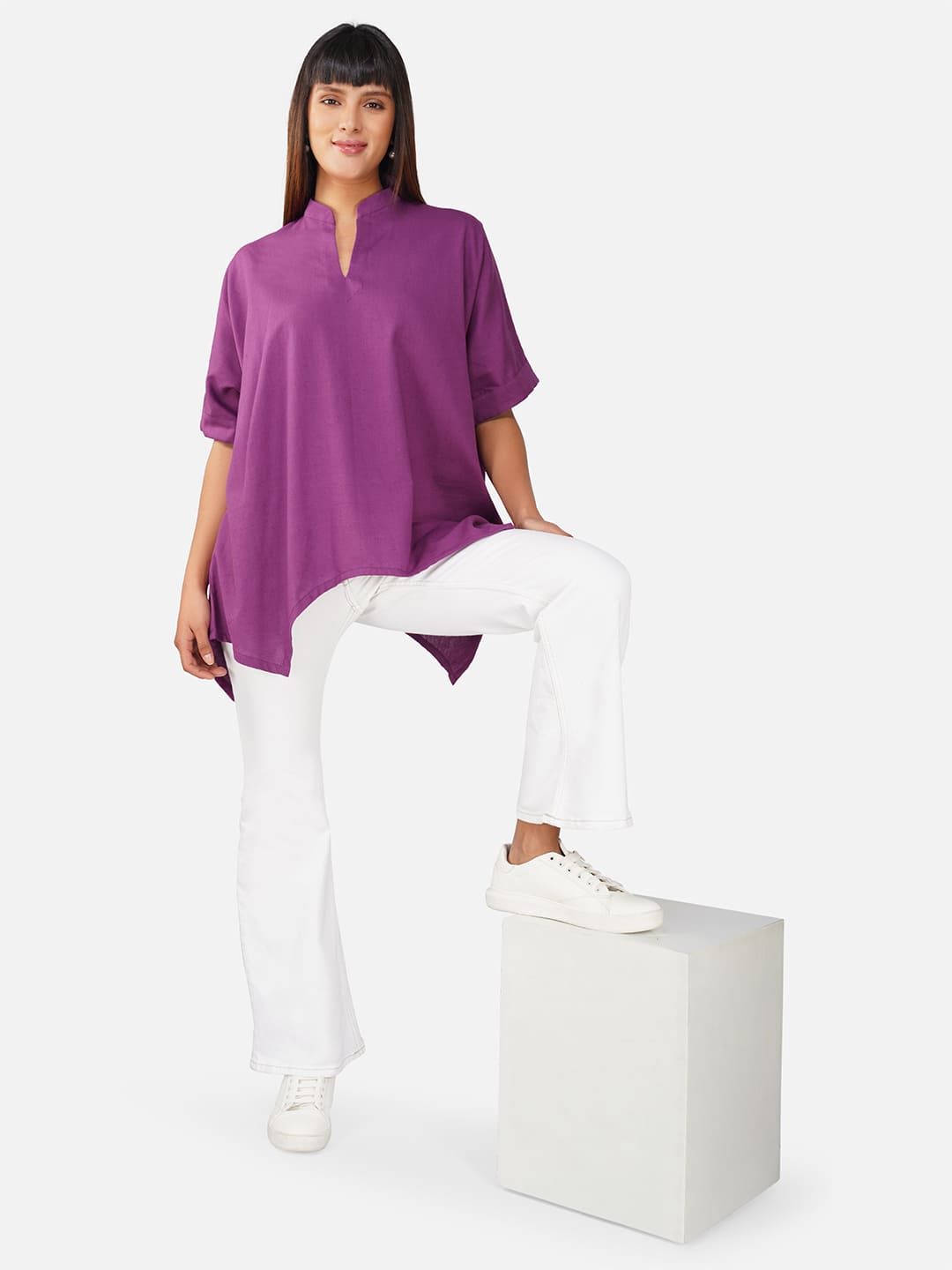 Purple V-Neck Cotton Slub Kaftan Top