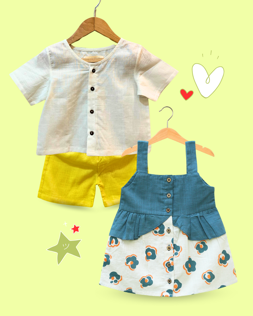 100% Organic Cotton White Top & Yellow Shorts Baby Set & Printed Frock for Baby Girls - 2 Piece Set