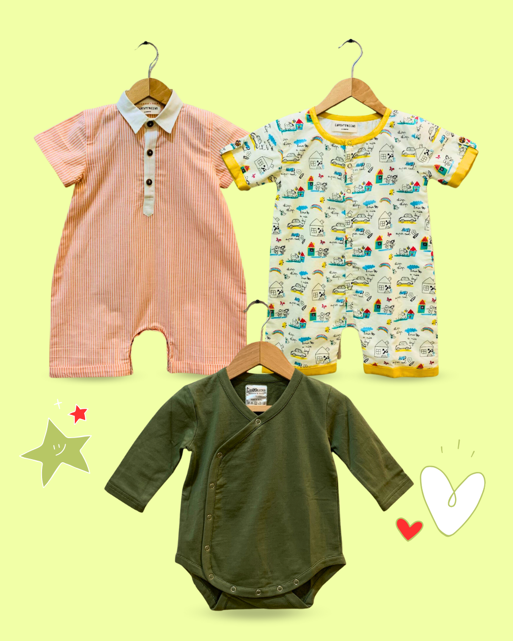 100% Cotton Rompers & Green Onesie for Baby Boys - 3 Piece Set