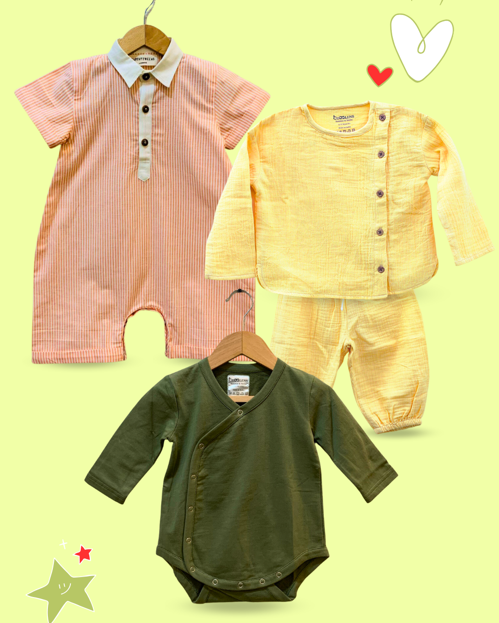 100% Cotton Orange Romper, Yellow Baby Set & Green Onesie for Baby Boys - 3 Piece Set
