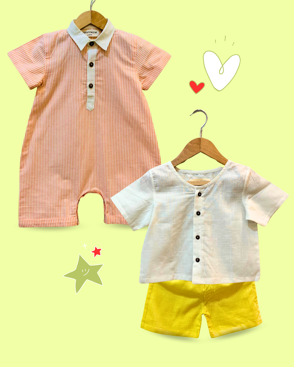 100% Cotton White Top & Yellow Shorts Baby Set' and 'Orange Striped Romper for Baby Boys - 2 Piece Set