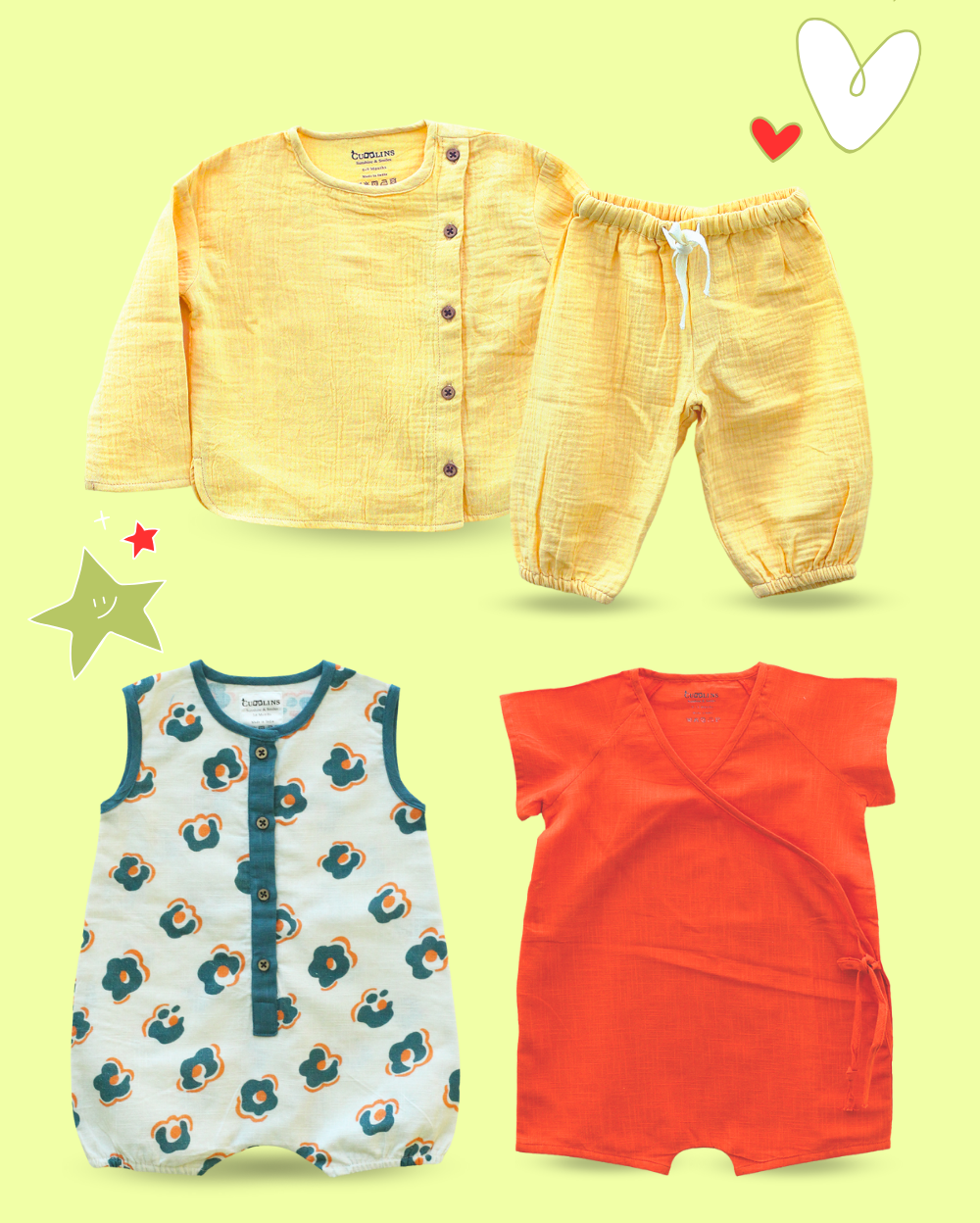100% Cotton Onesies & Yellow Baby Set for Babies - 3 Piece Set