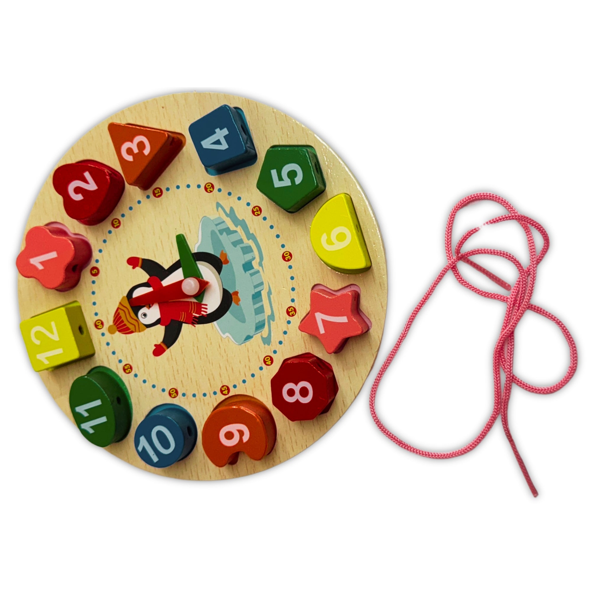 Wooden Clock & Lacing Beads Toy