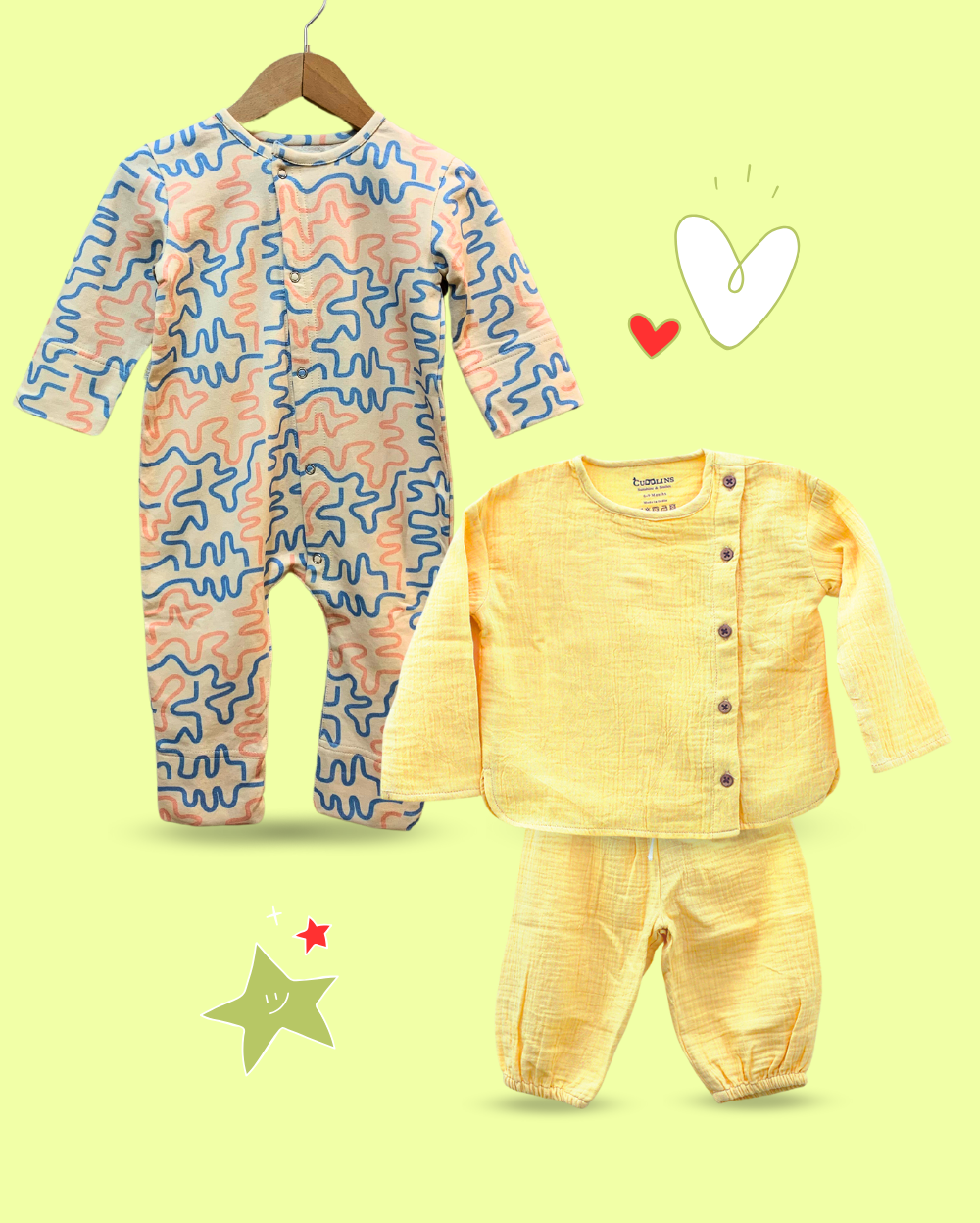 100% Cotton Printed Sleepsuit & Yellow Baby Set for Babies - 2 Piece Set