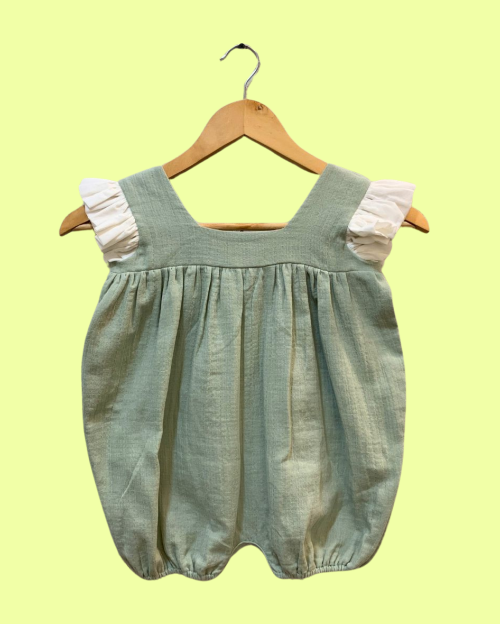 100% Cotton White Top & Yellow Shorts Baby Set & Green Frill Onesie for Baby Girls - 2 Piece Set