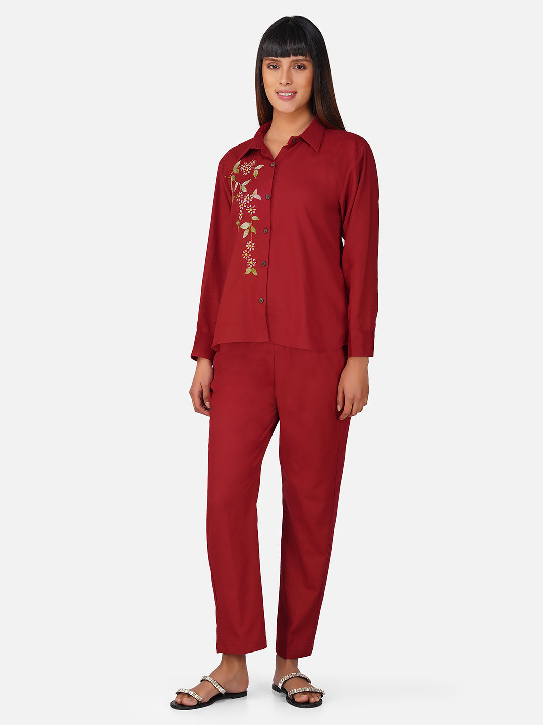 Solid Maroon Hand-Embroidered Cotton Flex Co-ord Set