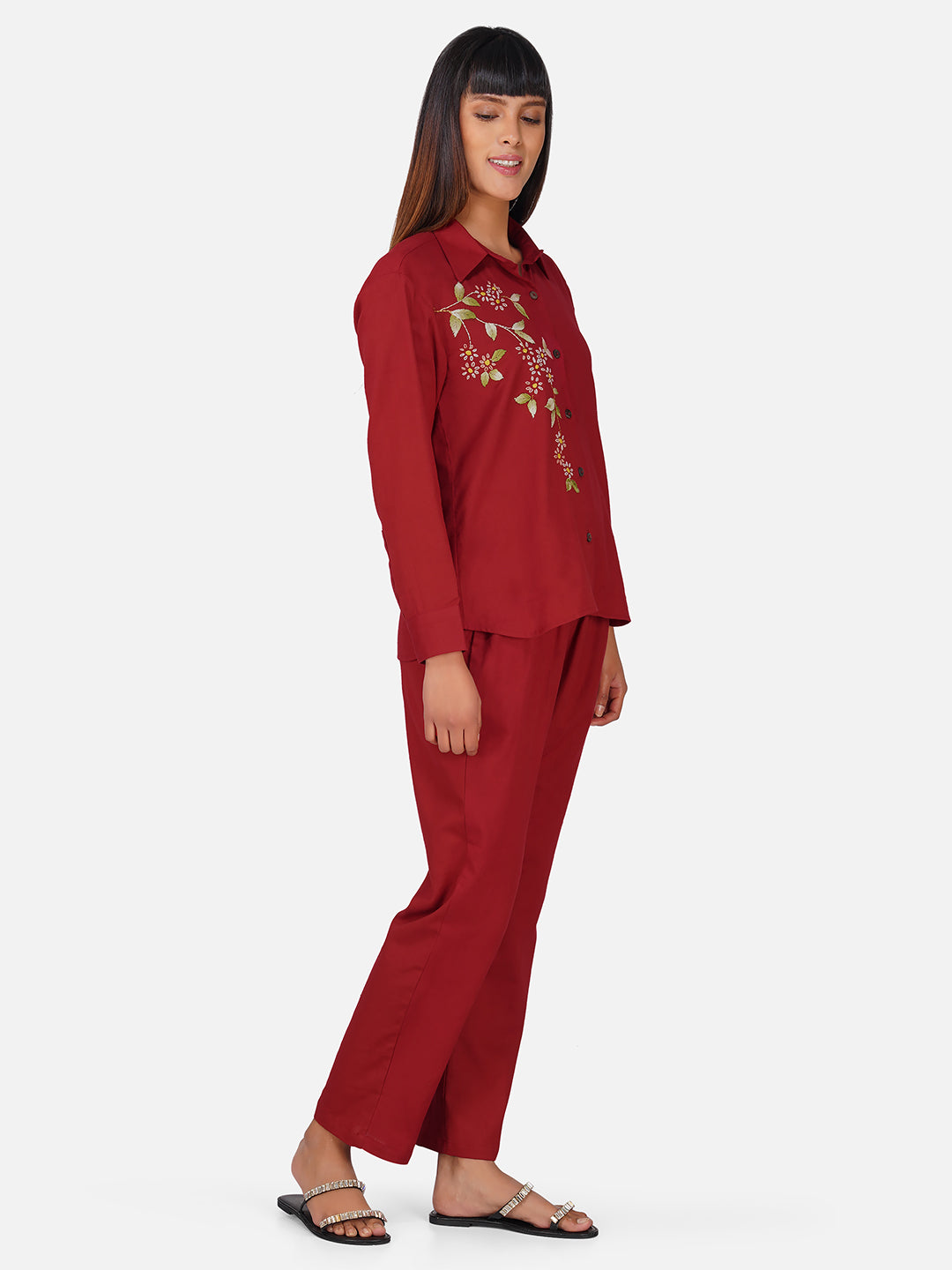 Solid Maroon Hand-Embroidered Cotton Flex Co-ord Set