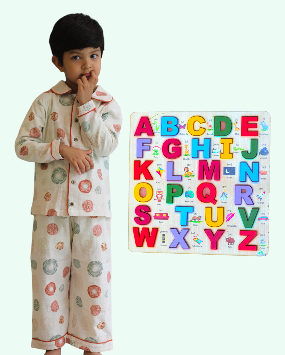 Blooming Kids Cotton Nightwear + Capital Alphabet Wooden Board Earthytweens