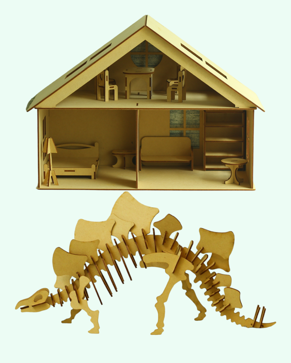 Wooden Stegosaurus puzzle and Miniature Doll House