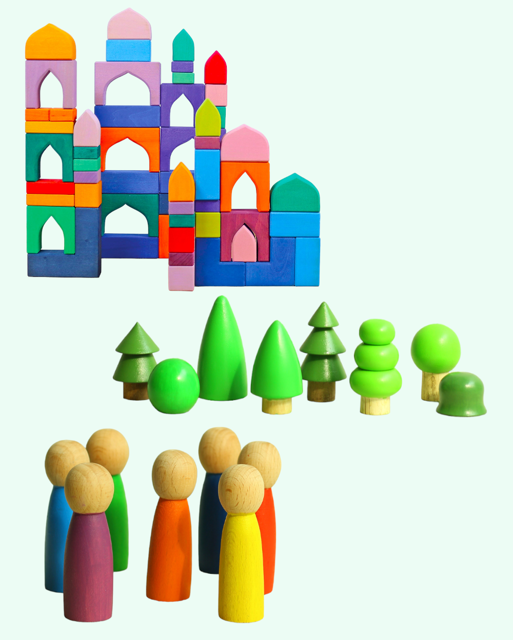 The Castle Tales - Building Blocks + Wooden Tree (Set Of 8) + Wooden Pegdoll (Set Of 7)