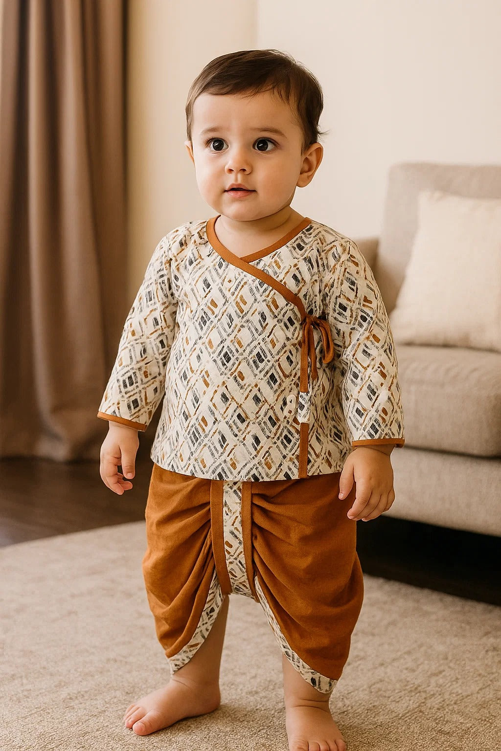 Printed Bagal Bandi Kurta & Brown Dhoti Set